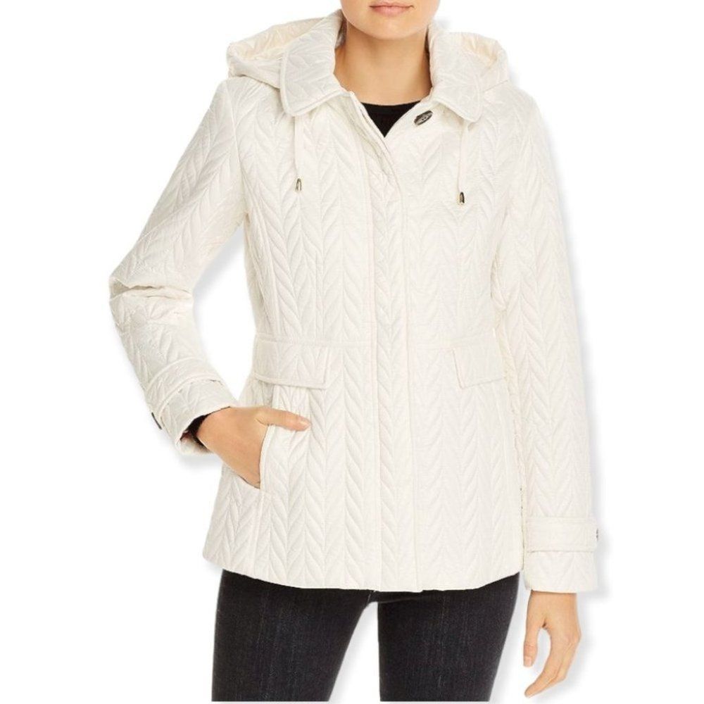 Kate Spade New York Quilted Hooded Coat in Cream B4207 Size Small